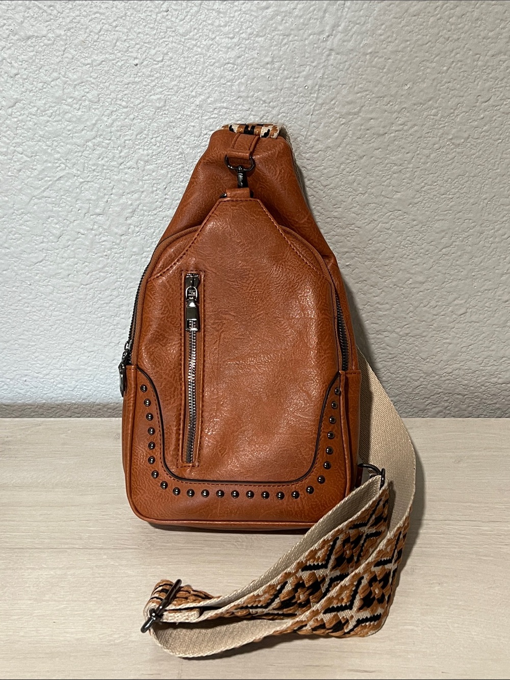 Sam & Hadley Brown Leatherette Stud Detail Crossbody Sling Bag
